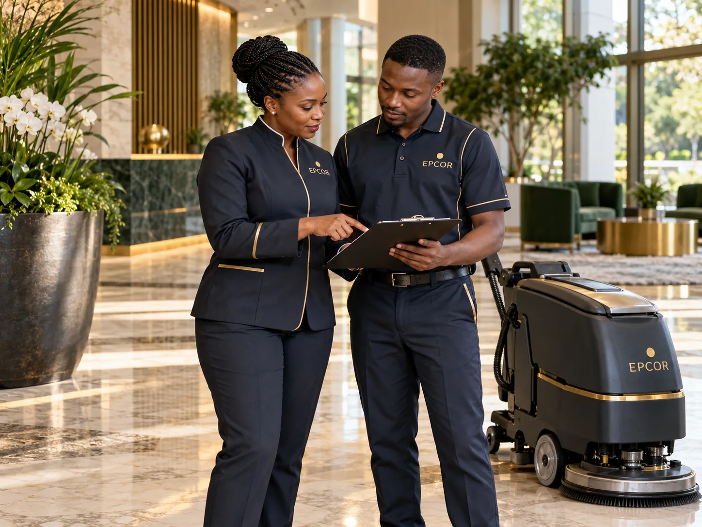 EPCOR supervisor reviewing a checklist with a cleaner beside a floor scrubber
