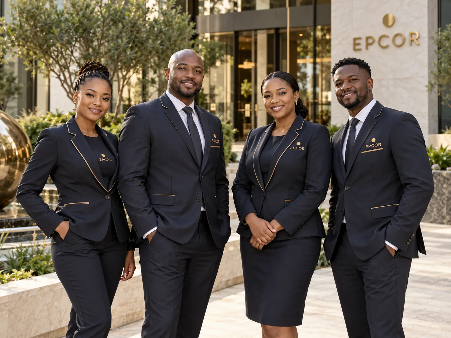 Four EPCOR team members in tailored charcoal uniforms outside a modern office building