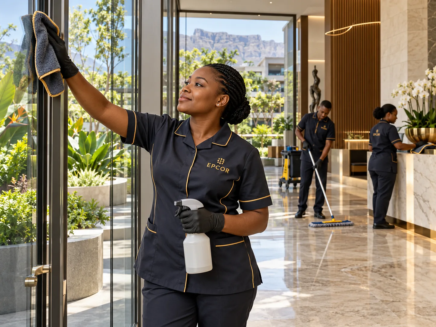 EPCOR cleaner polishing a glass door in a corporate lobby