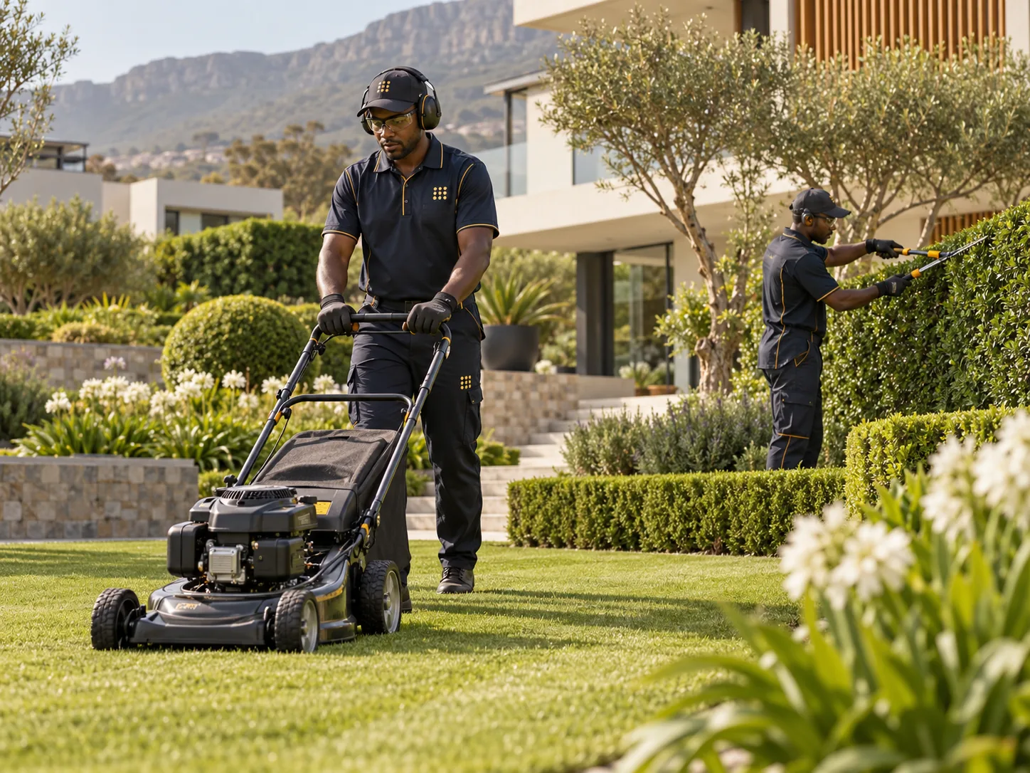 EPCOR grounds staff mowing lawns and trimming hedges at a residential estate