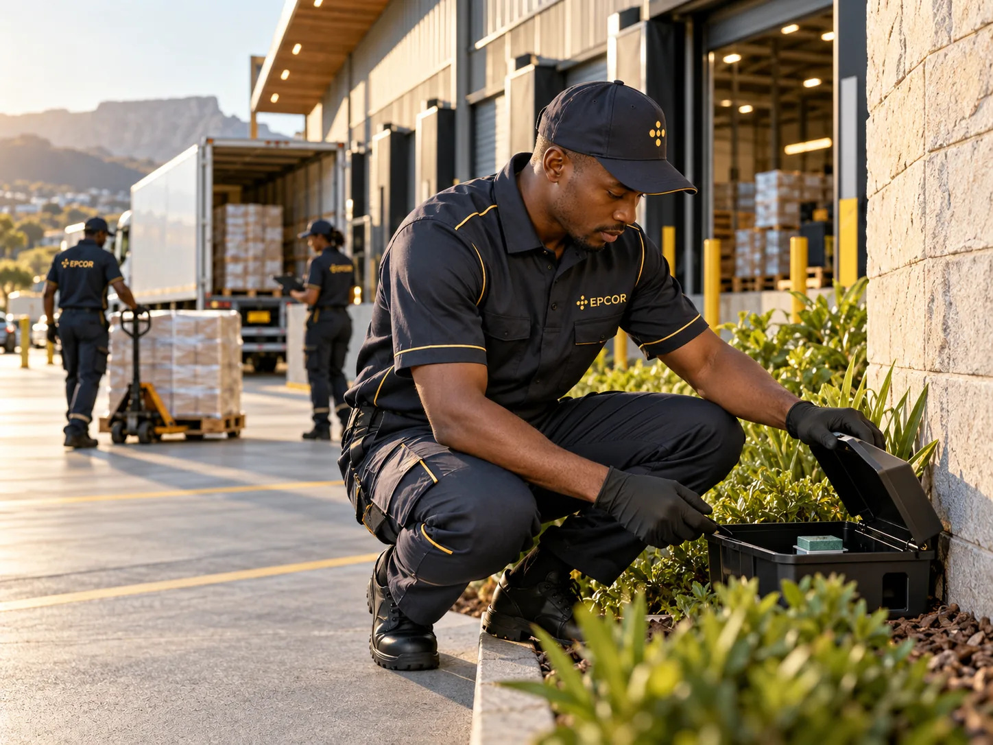 EPCOR technician checking a pest monitoring station at a logistics loading area