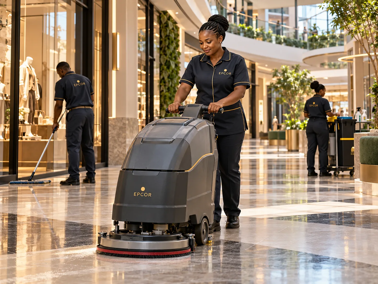 EPCOR cleaner operating a floor scrubber in a shopping centre